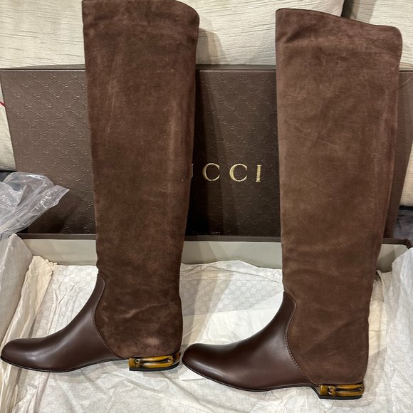 🌟 GUCCI WOMEN'S  BROWN SUEDE / SOFT NAPPA LEATHER BOOTS - Picture 2 of 7